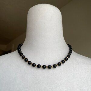 Vintage Signed Monet Black Beads Gold Tone Beaded Collar Necklace Shepherds Hook